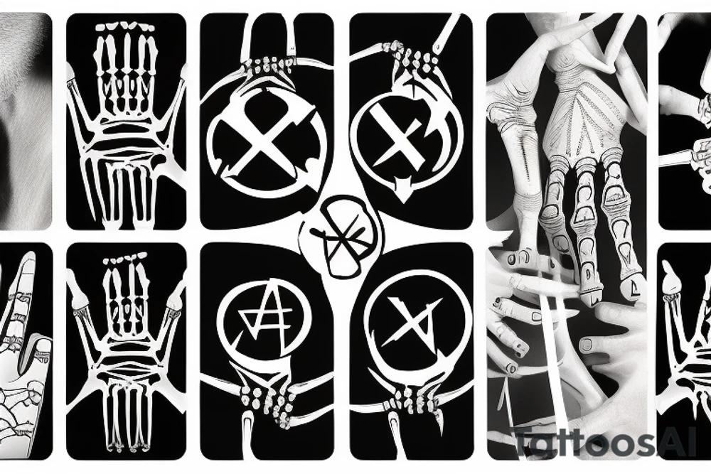 X-ray skeleton hands with radioactive symbol sleeve tattoo idea