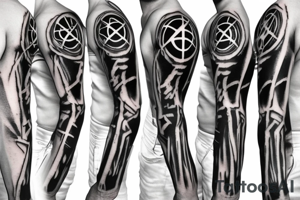 X-ray skeleton hands with radioactive symbol sleeve tattoo idea