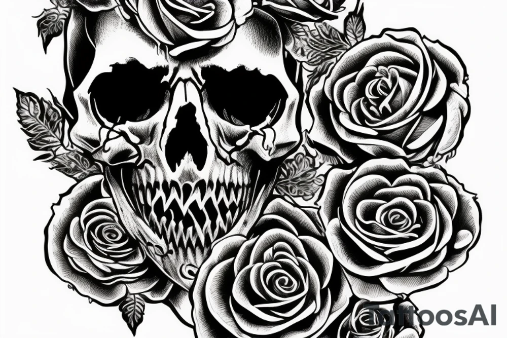 Skull and Roses intricate comprehensive fangs vivid detailed stoic tattoo idea
