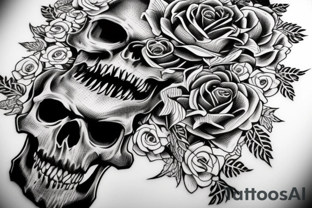 Skull and Roses intricate comprehensive fangs vivid detailed stoic tattoo idea