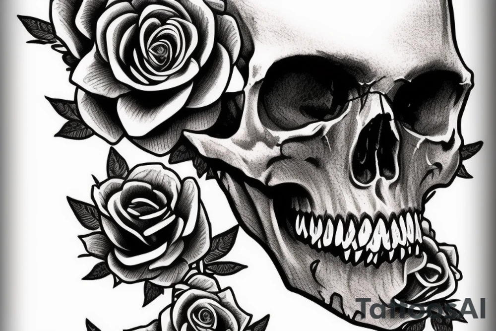 Skull and Roses intricate comprehensive fangs vivid detailed stoic tattoo idea
