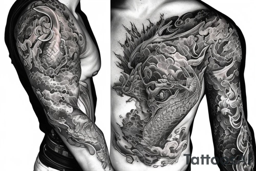 Dragons Intricate Vivid Elaborate Comprehensive Smokey Sleeve Detailed tattoo idea