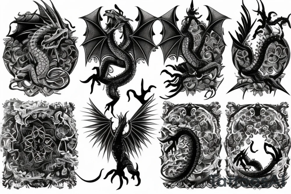 Dragons Intricate Vivid Elaborate Comprehensive Smokey Detailed Stencil tattoo idea