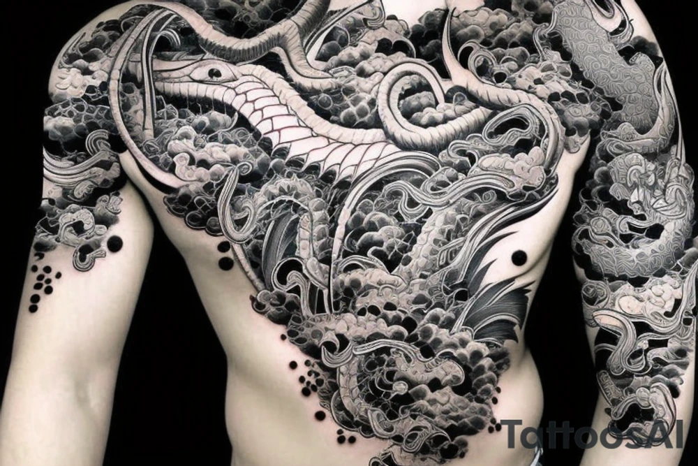 Dragons Intricate Vivid Elaborate Comprehensive Smokey Detailed Stencil Japanese tattoo idea