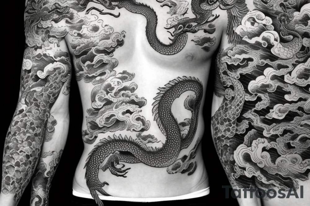 Vivid Oriental Dragons Clouds Collage Intricate Detailed tattoo idea