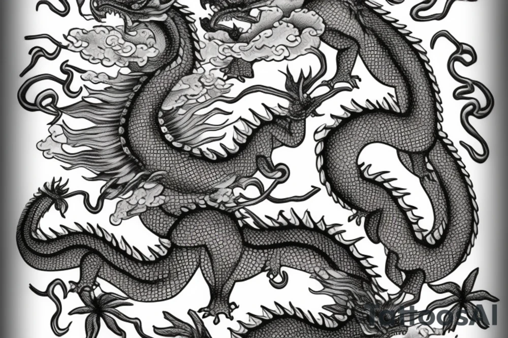 Vivid Oriental Dragons Clouds Collage Intricate Detailed tattoo idea