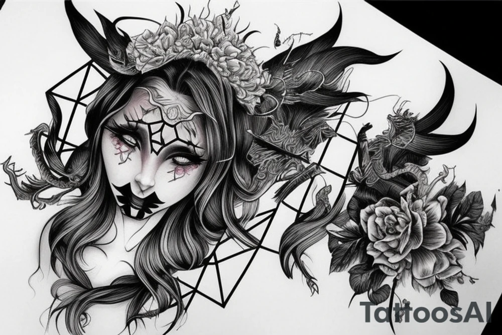 Demon Girl Elaborate Detailed Vivid Smokey tattoo idea