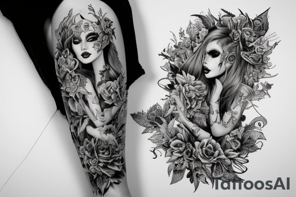 Demon Girl Elaborate Detailed Vivid Smokey tattoo idea