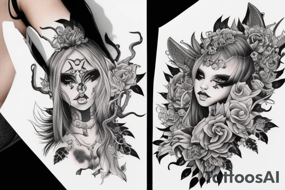 Demon Girl Elaborate Detailed Vivid Smokey tattoo idea
