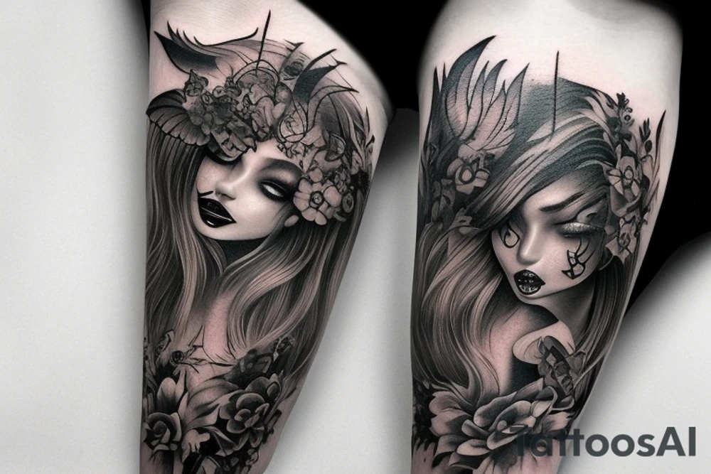 Demon Girl Elaborate Detailed Vivid Smokey Grim tattoo idea
