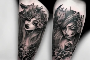 Demon Girl Elaborate Detailed Vivid Smokey Grim tattoo idea