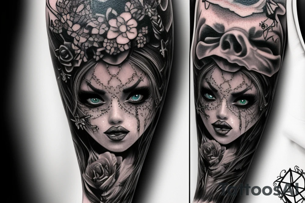 Demon Girl Elaborate Detailed Vivid Smokey Grim Wicked tattoo idea