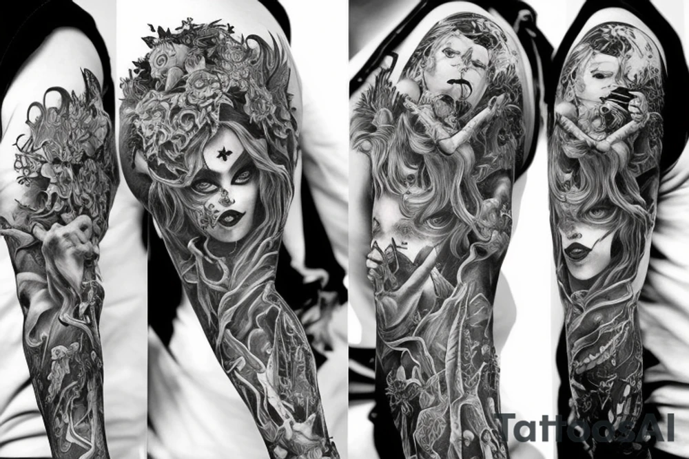 Demon Girl Elaborate Detailed Vivid Smokey Grim Wicked tattoo idea