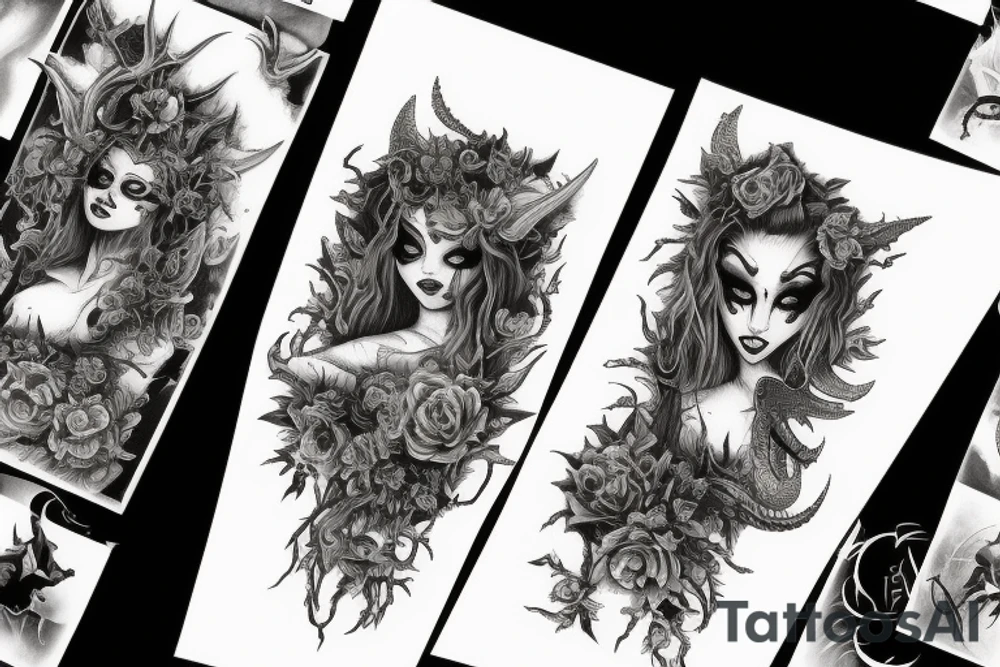 Demon Girl Elaborate Detailed Vivid Smokey Grim Wicked tattoo idea