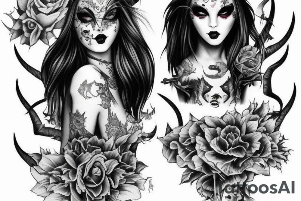 Demon Girl Elaborate Detailed Vivid Smokey Grim Wicked tattoo idea