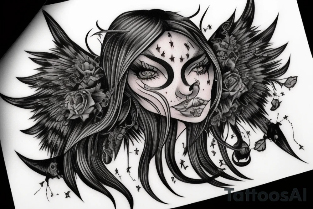 Demon Girl Elaborate Detailed Vivid Smokey Grim Wicked tattoo idea