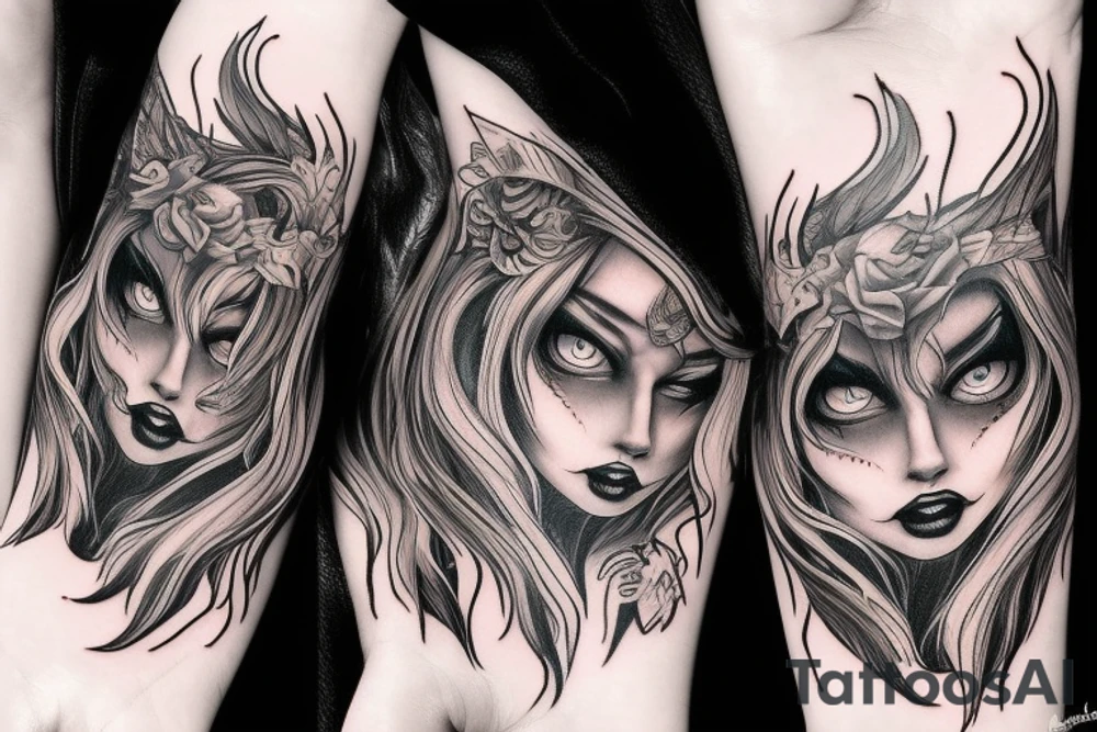 Demon Girl Elaborate Detailed Vivid Smokey Grim Wicked tattoo idea