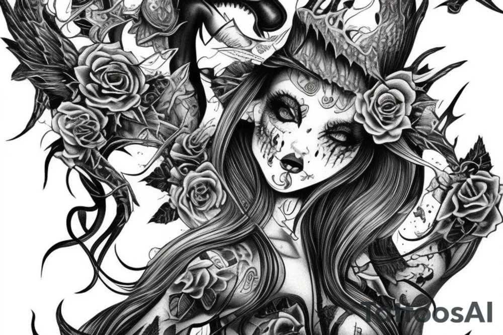 Demon Girl Elaborate Detailed Vivid Smokey Grim Wicked tattoo idea