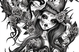 Demon Girl Elaborate Detailed Vivid Smokey Grim Wicked tattoo idea