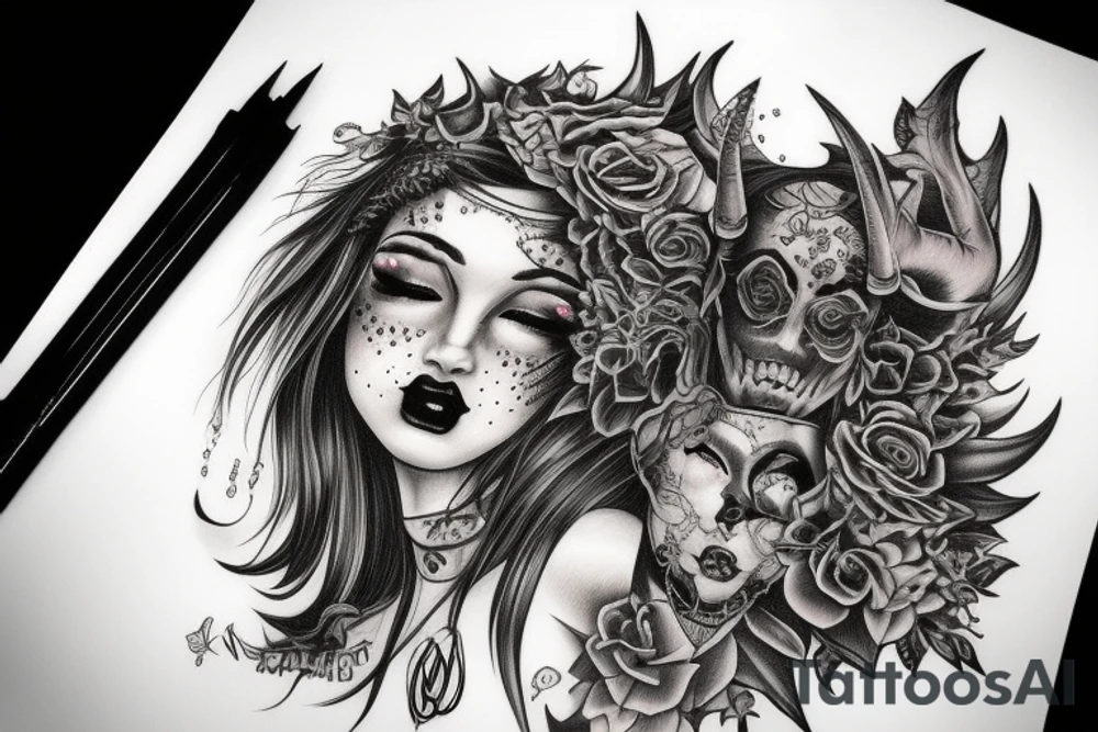 Demon Girl Elaborate Detailed Vivid Smokey Grim Wicked tattoo idea