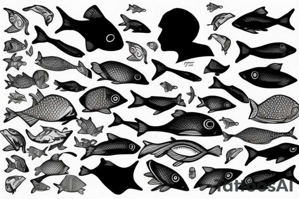 Surreal man sitting with fish floating by him tattoo idea Surreal man sitting with fish floating by him tattoo idea