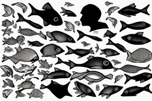 Surreal man sitting with fish floating by him tattoo idea