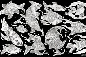 Surreal man sitting with fish floating by him tattoo idea