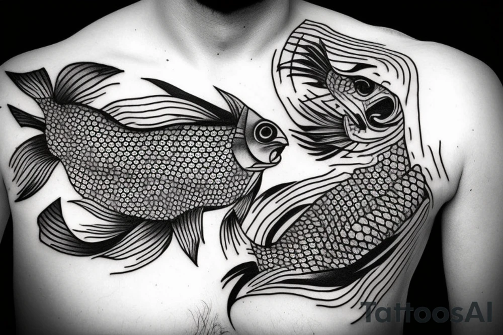 Surreal man sitting with fish floating by him tattoo idea