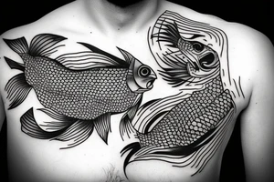 Surreal man sitting with fish floating by him tattoo idea