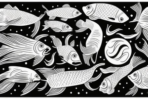 Surreal man sitting with fish floating by him tattoo idea