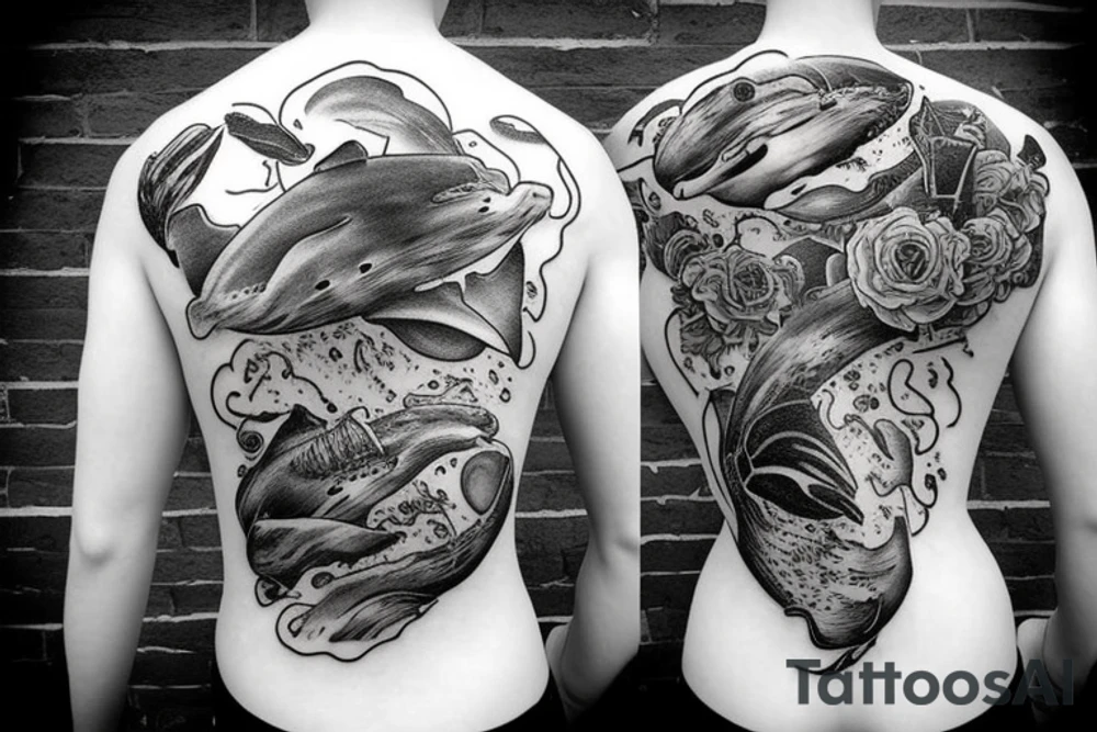 Exploded head with whales floating between pieces tattoo idea Exploded head with whales floating between pieces tattoo idea
