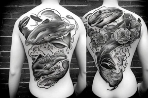 Exploded head with whales floating between pieces tattoo idea