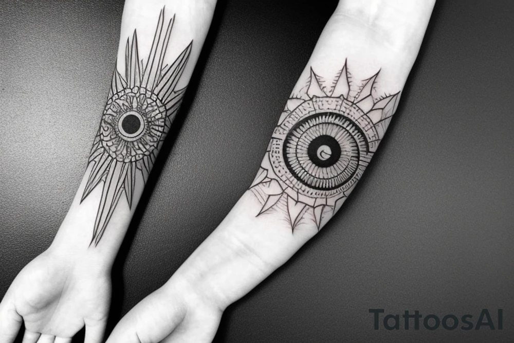 Filipino island earth water sun patterns wrapped around forearm tattoo idea