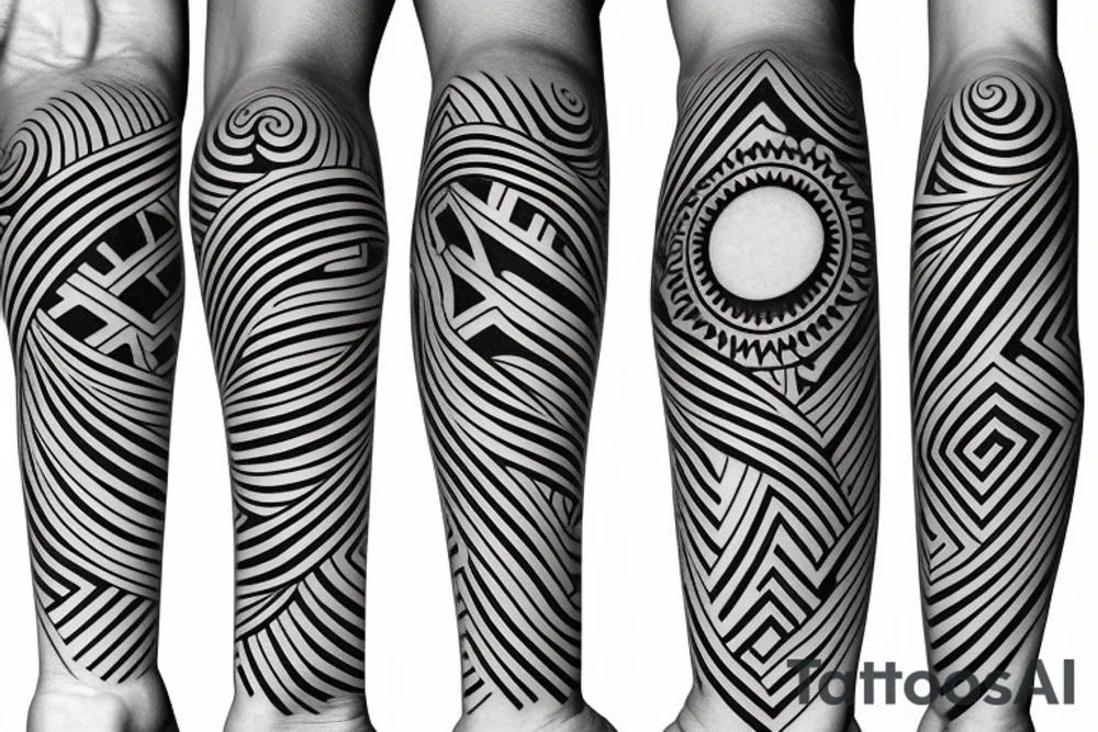 Filipino sun surrounded by patterns of waves and mountains wrapped around forearm tattoo idea