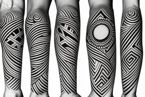 Filipino sun surrounded by patterns of waves and mountains wrapped around forearm tattoo idea