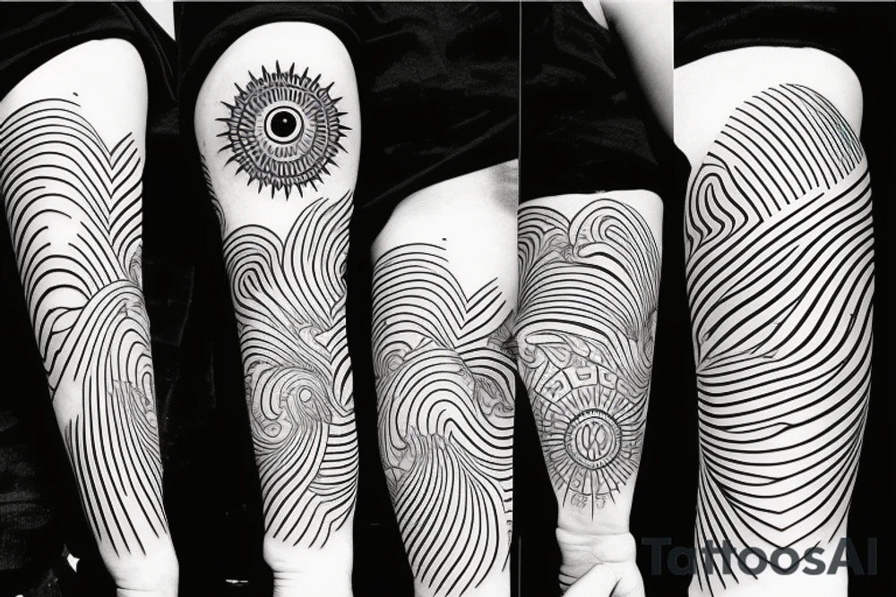 Filipino sun surrounded by patterns of waves and mountains wrapped around forearm tattoo idea