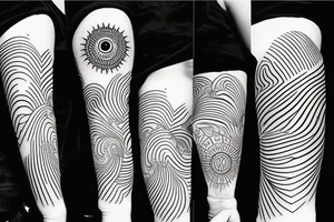 Filipino sun surrounded by patterns of waves and mountains wrapped around forearm tattoo idea