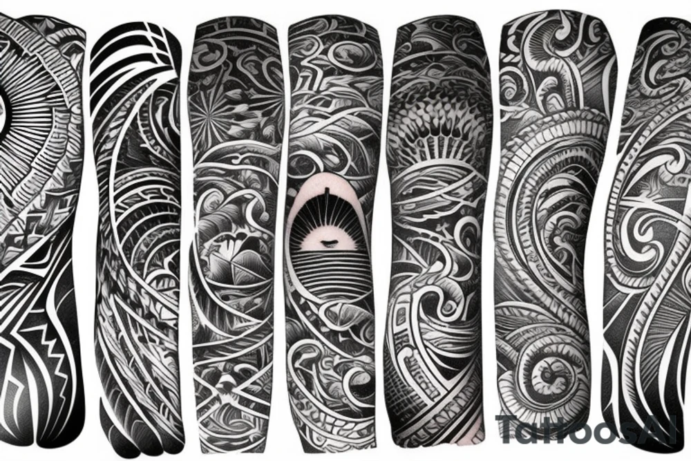 Filipino sun encased by patterns of ocean waves and mountains wrapped around forearm tattoo idea