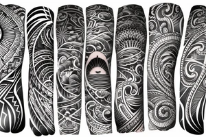 Filipino sun encased by patterns of ocean waves and mountains wrapped around forearm tattoo idea