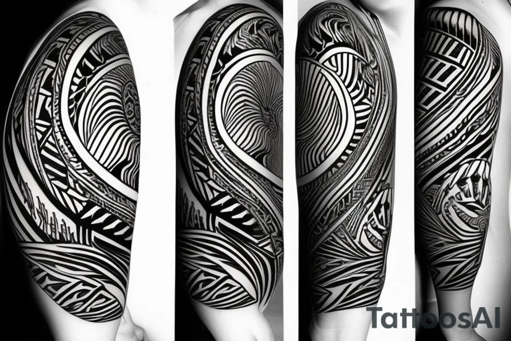 Filipino sun encased by patterns of ocean waves and mountains wrapped around forearm tattoo idea