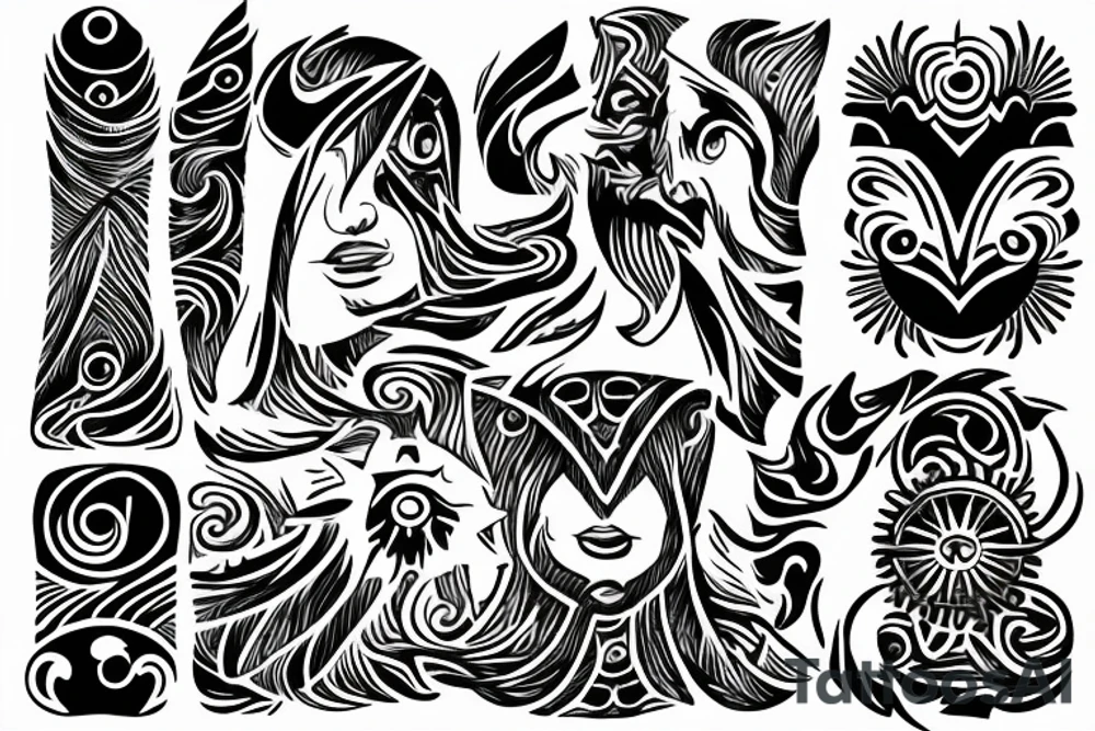 Filipino sun and moon encased by patterns of ocean waves and mountains wrapped around forearm tattoo idea
