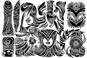 Filipino sun and moon encased by patterns of ocean waves and mountains wrapped around forearm tattoo idea