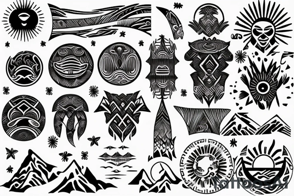 Filipino sun and moon encased by patterns of ocean waves and mountains wrapped around forearm tattoo idea
