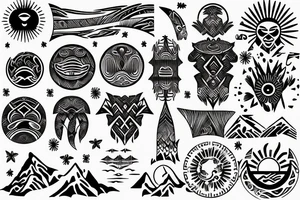 Filipino sun and moon encased by patterns of ocean waves and mountains wrapped around forearm tattoo idea