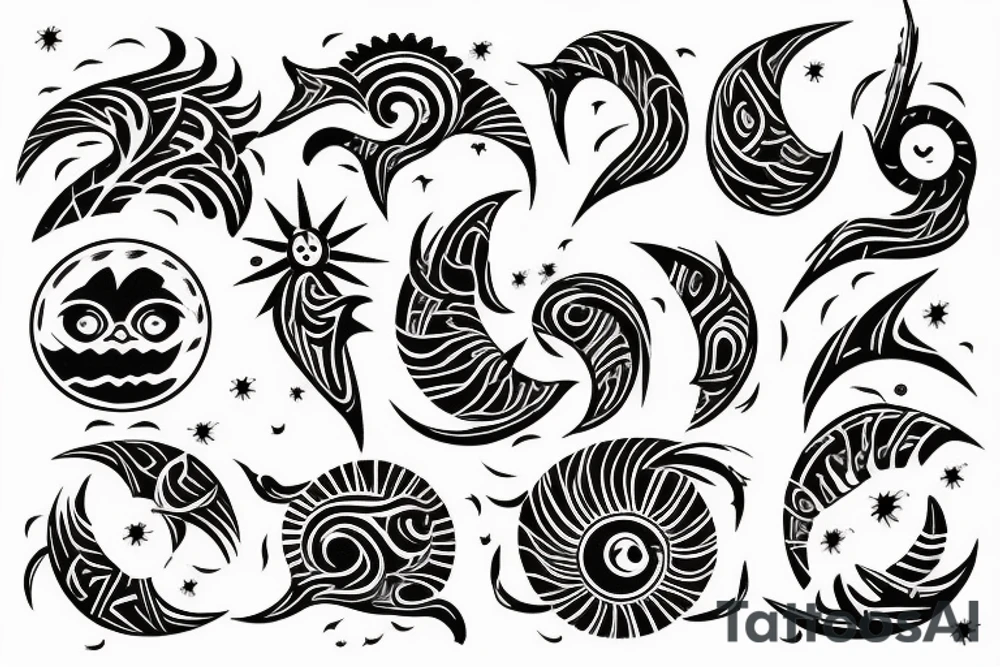 Sun and moon encased by ocean waves and lightning around forearm filipino tribal tattoo tattoo idea