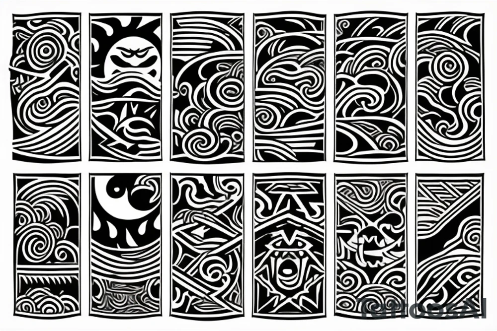 Sun and moon encased by ocean waves and lightning around forearm filipino tribal tattoo tattoo idea