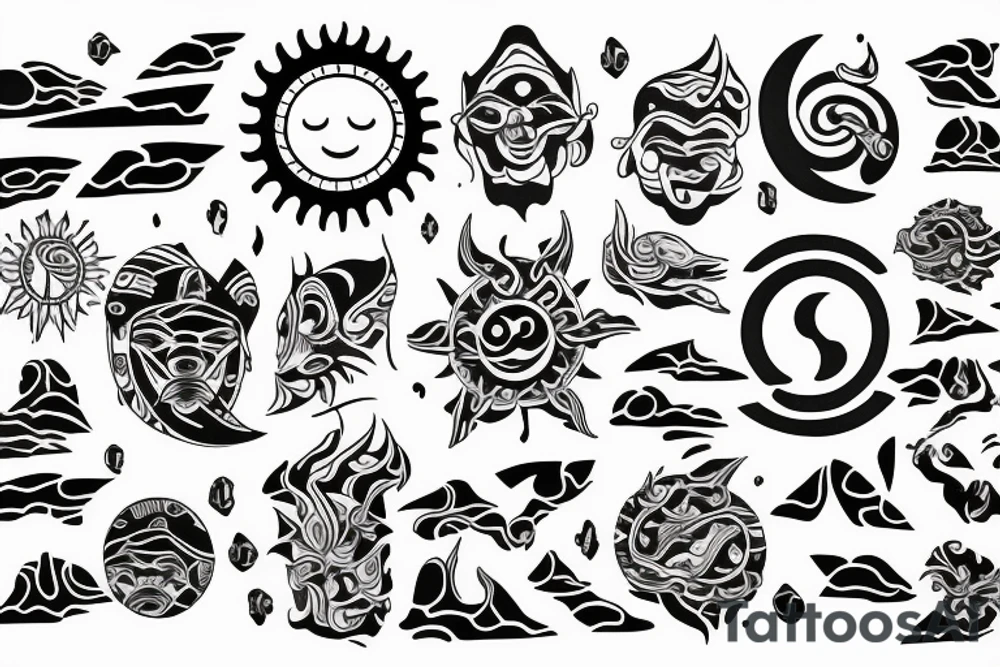 Sun and moon encased by ocean waves and island around forearm filipino tribal tattoo tattoo idea