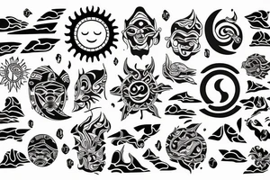 Sun and moon encased by ocean waves and island around forearm filipino tribal tattoo tattoo idea