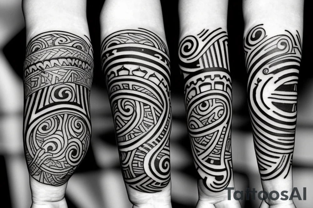 Sun and moon encased by ocean waves and island around forearm filipino tribal tattoo tattoo idea