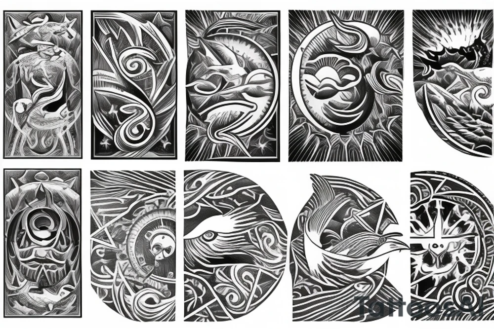 Sun and moon encased by ocean waves and eagle around forearm filipino tribal tattoo tattoo idea
